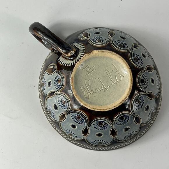 German Blue Flower Coffee Cup Signed Pottery Vtg Unique 1.5" Tea Wine Handarbeit - Picture 7 of 12